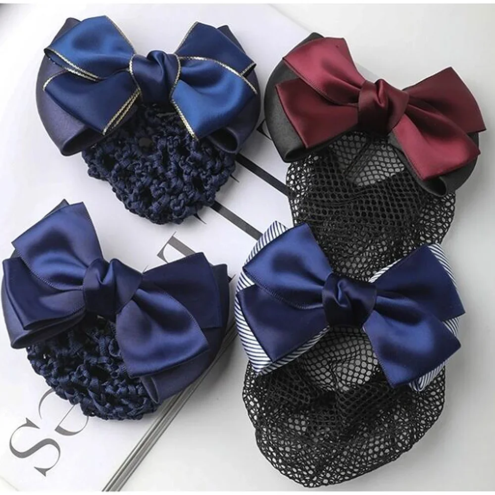 Classic Bowknot Snood Net With Barrette Hair Pins French Style Non-Slip Lace Bun Cover Work Hairnet Clips For Office Women Lady