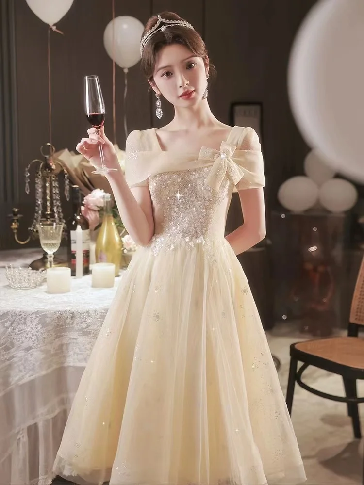 

F135 вечернее платье № 2 для женщин, новинка 2024, французское свадебное платье для ведущей, маленькое платье для взрослых haute sense