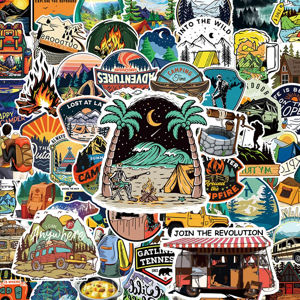 10/30/50/100pcs Cartoon Outdoor Camping Hiking Scenery Stickers Forest Wild Adventure Sticker Suitcase Phone Notebook Decals Toy