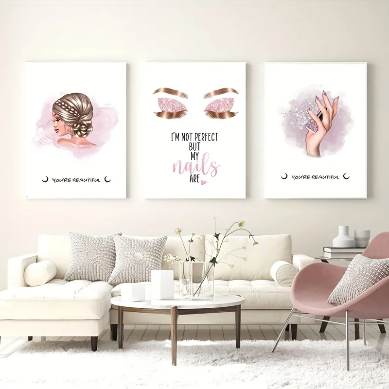 （NoFranme 3PCS）-3pcs Fashion Pink Golden Nail Polish Canvas Painting, Eyebrow Eyelashes Make Up Poster And Prints Wall Art, B