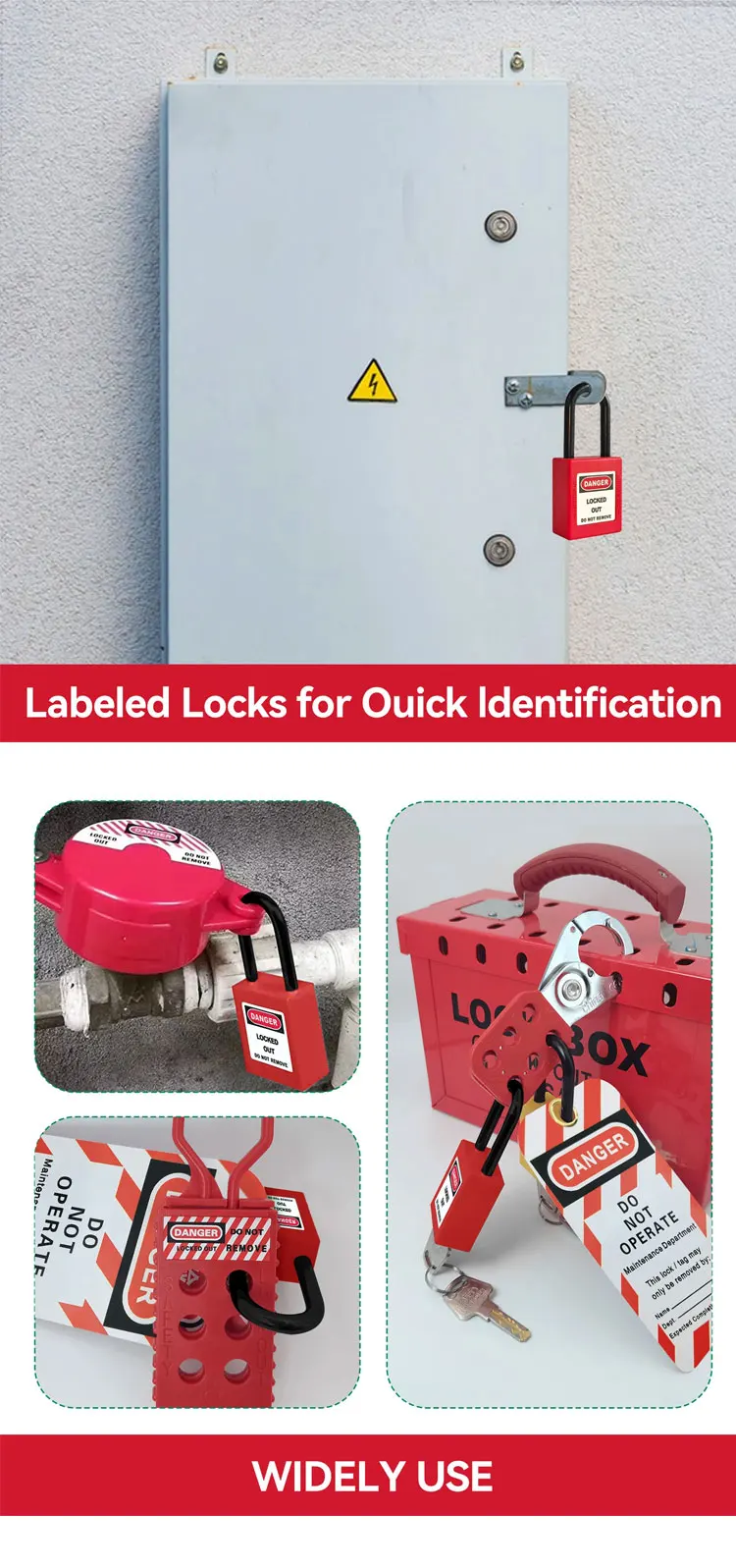 5 Stück 38 mm rotes Isolier-Vorhängeschloss, Nylon-Schlossbalken, Sicherheitsschloss, Vorhängeschloss in mehreren Farben, ein Schloss mit 2 Schlüsseln – Detail 3