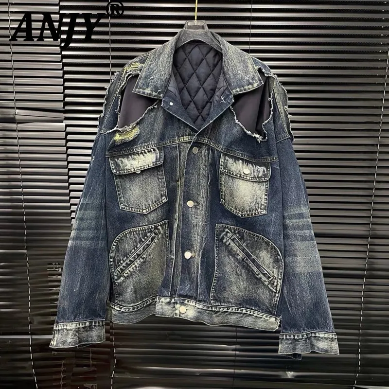 

ANJY 2022, осенне-зимнее новое женское модное рваное джинсовое стеганое пальто с рваным дизайном, уличная одежда, шикарное Ins A16289