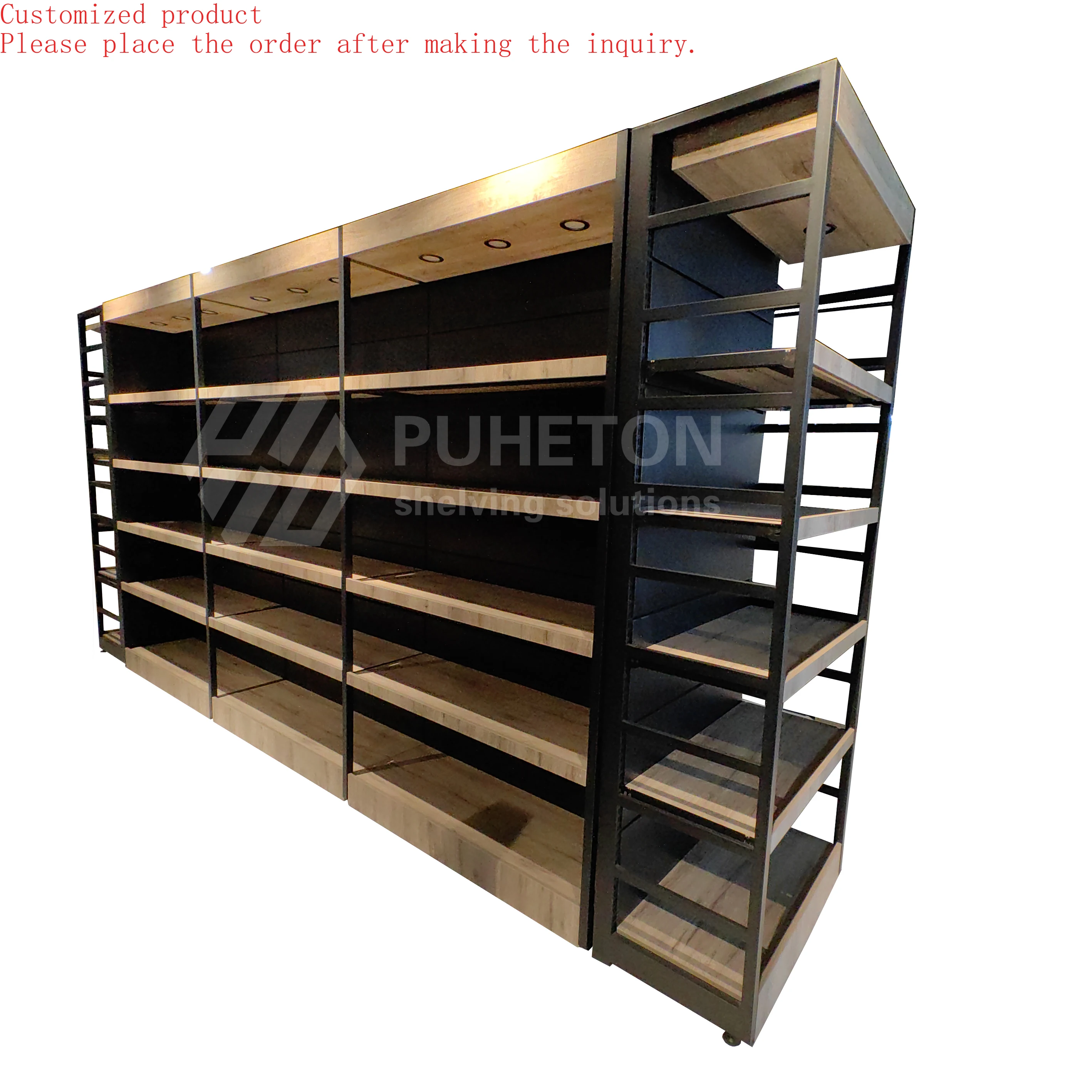 

Custom.Supermarket Shelving System Double-Sided Wood Metallic Shelves Light Duty Gondola Equipment Metallic Supermarket Rack