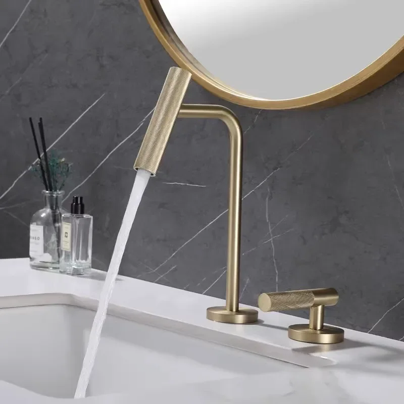 

Gray Basin faucet Bathroom two holes Widespread Brushed Gold bathroom sink tap 360 rotating widespread Black basin Tap