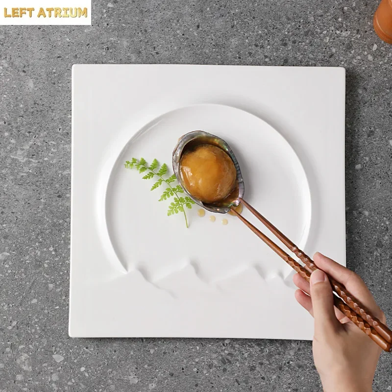 White Square Plate Ceramic Steak Plate Dessert Snack Dish Salad Dish Fruit Plate Creative Texture Artistic Conception Tableware
