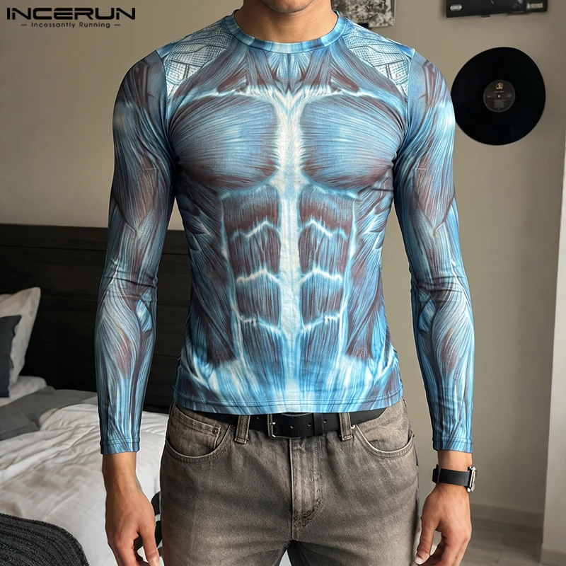 INCERUN Herren-T-Shirt mit Muskel-Print, Rundhalsausschnitt, langärmelig, lässiges Oberteil für Herren, Frühling/Herbst, Streetwear, modische Herrenbekleidung.