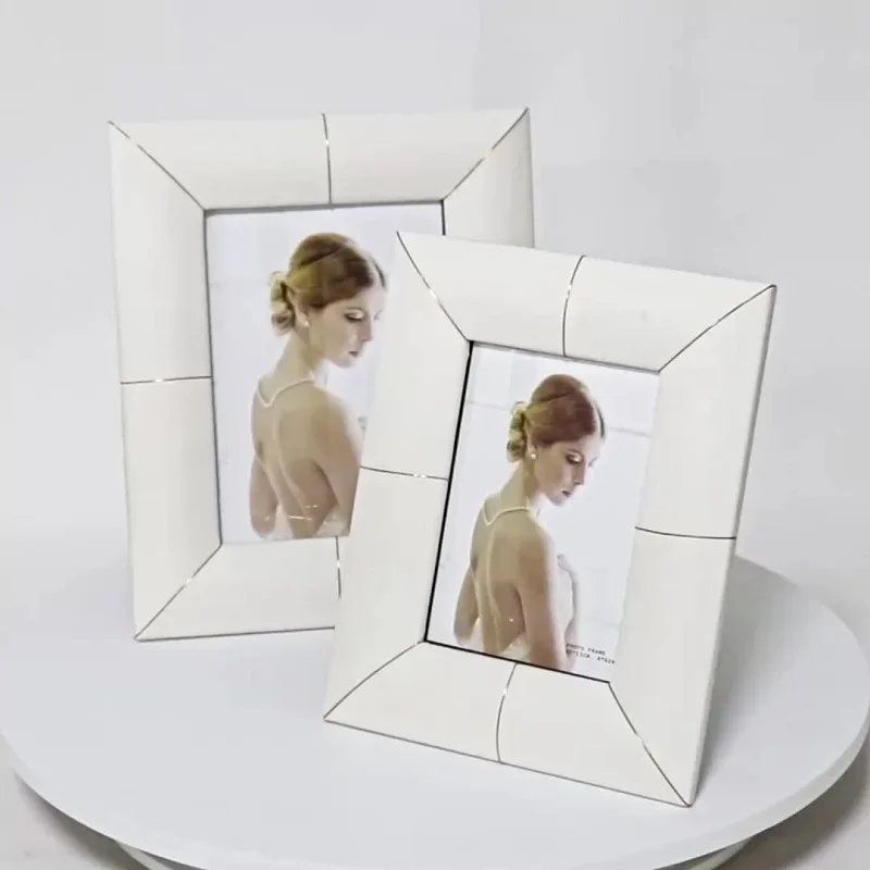 White Leather Metal Photo Frame - Modern Minimalist Decorative Tabletop Frame for Bedroom Stylish Home Décor