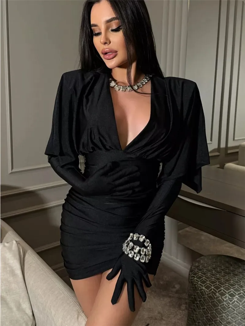 Spifore Elegant Party Clubwear Women Dress With Gloves Black V Neck Draped Bodycon Vestidos Autumn Winter Party Club Dresses