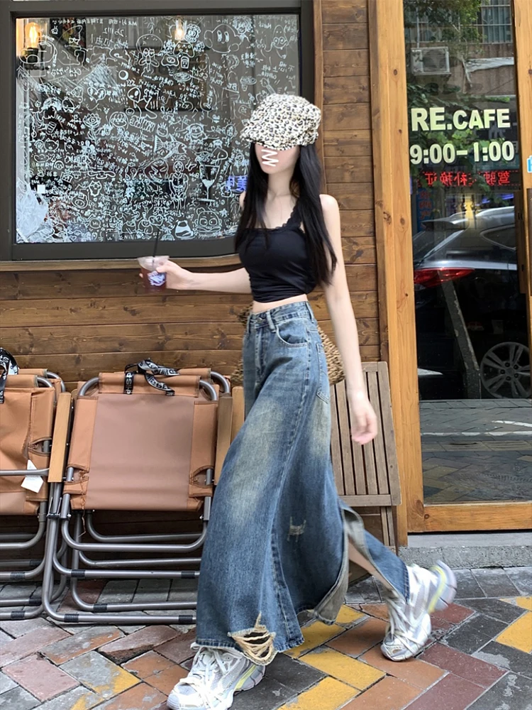 Women Blue Denim Skirt Y2k Elegant A-Line Trumpet Skirt Harajuku Korean Vintage Fashion 90s High Waist Jean Skirts 2000s Clothes