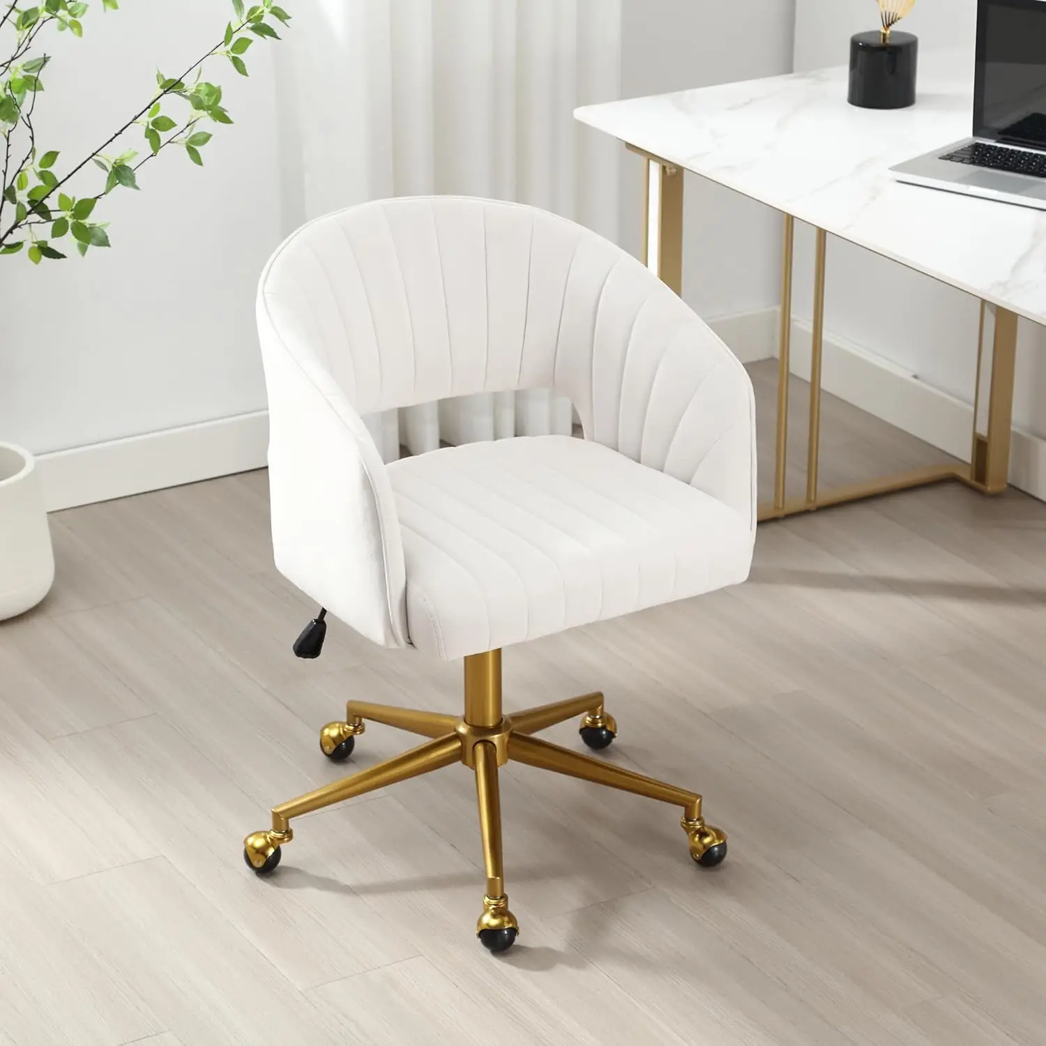 Home Office Swivel Desk Chair, Modern Velvet Desk Chair, Height Adjustable Armchair with Gold Base, Ergonomic Office Chair,Cream