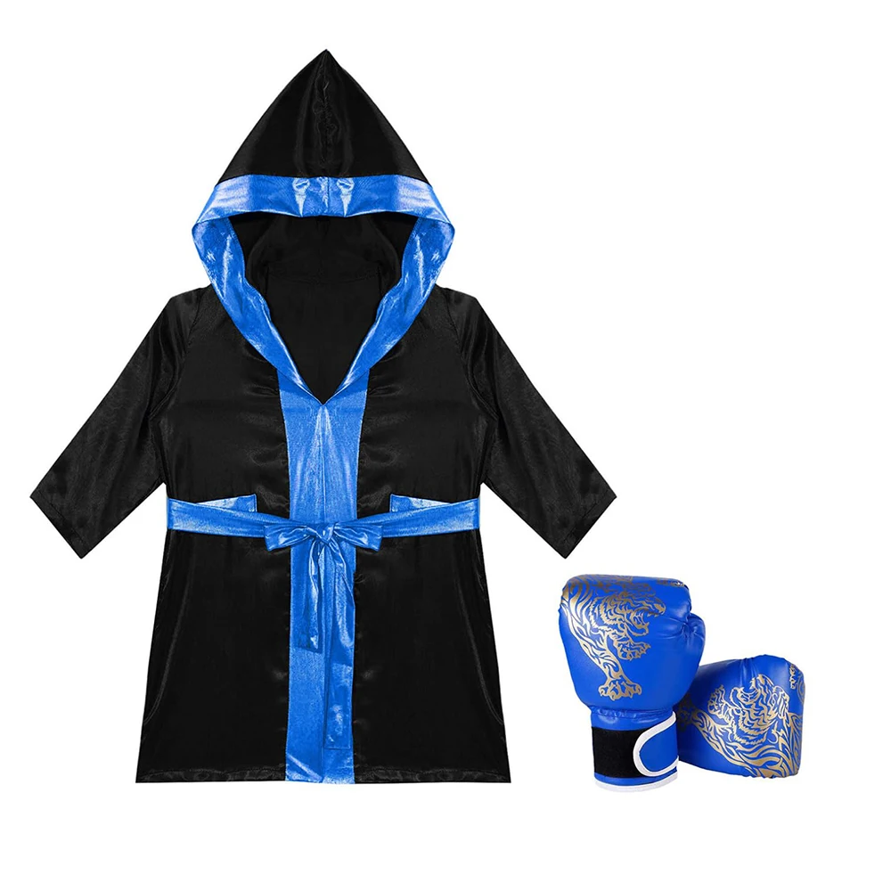 

Chidren Boys Boxing Outfit Halloween Cosplay Costume Long Sleeve Robe Satin Hooded Cloak with Belt Boxing Glove Roleplay Sets