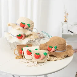 Outdoor Straw Hat Shoulder Bag Set Sun Caps Kids Girl Breathable Beach Hats Cherry Princess Seaside Panama Hat for Spring Summer