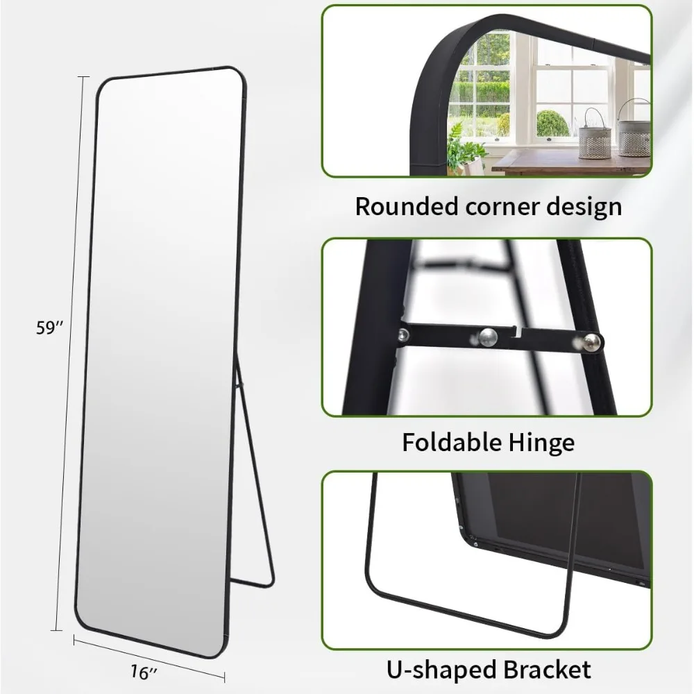 Espelho de chão de comprimento total, canto arredondado, estrutura de metal, de pé ou inclinado, 59" x 16", ideal para sala de estar, decoração de casa