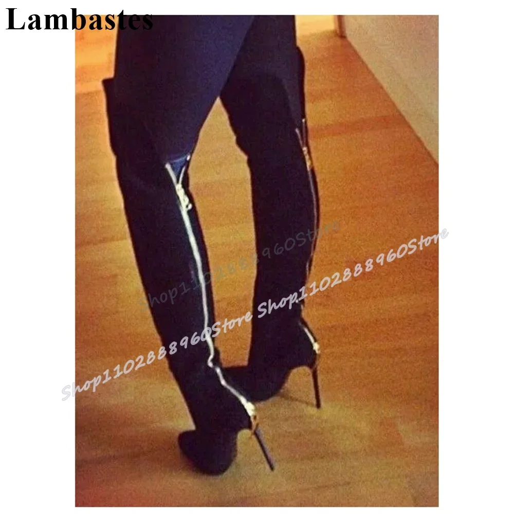 

Over The Knee Black Flock Metal Zipper Beveled Boots Stilettos High Heel Women Shoes Back Zipper Pointy Toe Sexy Gorgeous Boots