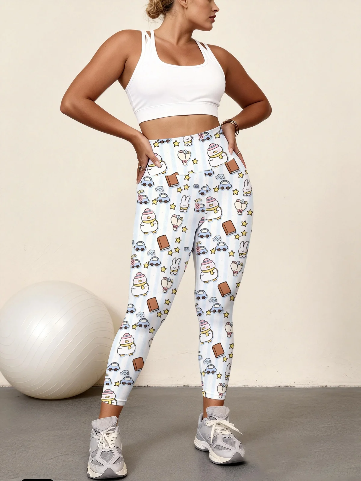 

Светло-голубые полосатые женские брюки для йоги с мультяшным принтом, с высокой талией, с высокой эластичностью, быстросохнущие, для занятий спортом.