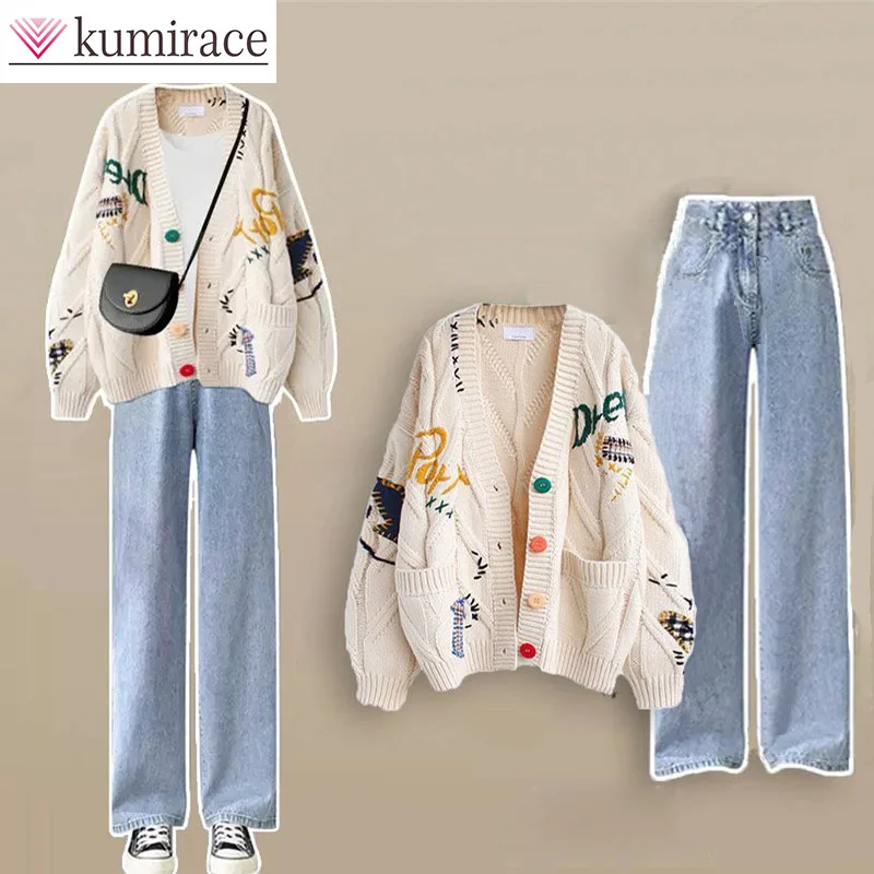 

Large Women's Autumn/Winter 2023 New Korean Edition Lazy Knitted Cardigan High Waist Slim Jeans Two Piece Set winter clothes