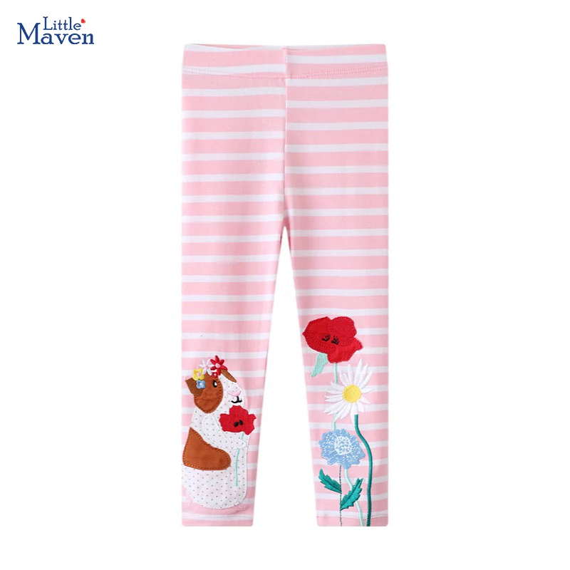 Little maven 2026 Autumn Spring Girls Pants Cotton Trousers Cartoon Flowers Striped Leggings Kids Clothes Children's Clothing