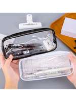 2pcs Clear PVC Zipper Pencil Bag Toiletries Exam Pen Pencil Pouch Case Travel Luggage Make up Cosmetic Bag (Black and White)