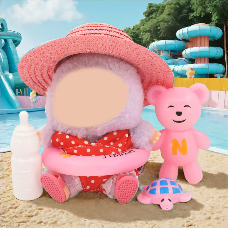

For Labubu 17cm Doll Clothing Accessories Set Cool Swimsuit Slippers Swimming Circle Toy Sunshade Hat Set Children's Gift