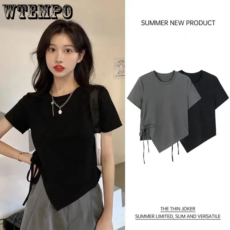 Round Collar Solid Short Sleeve T-shirt Girls Chic Irregular Bandage Slim Crop Tops For Woman 2022 Summer All-Match Casual Basic
