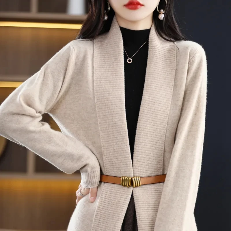 Women Mid Length Knitted Cardigan Autumn/Winter New Coat Flip Collar Loose All-match Lady Tops Female Solid Color Casual Sweater