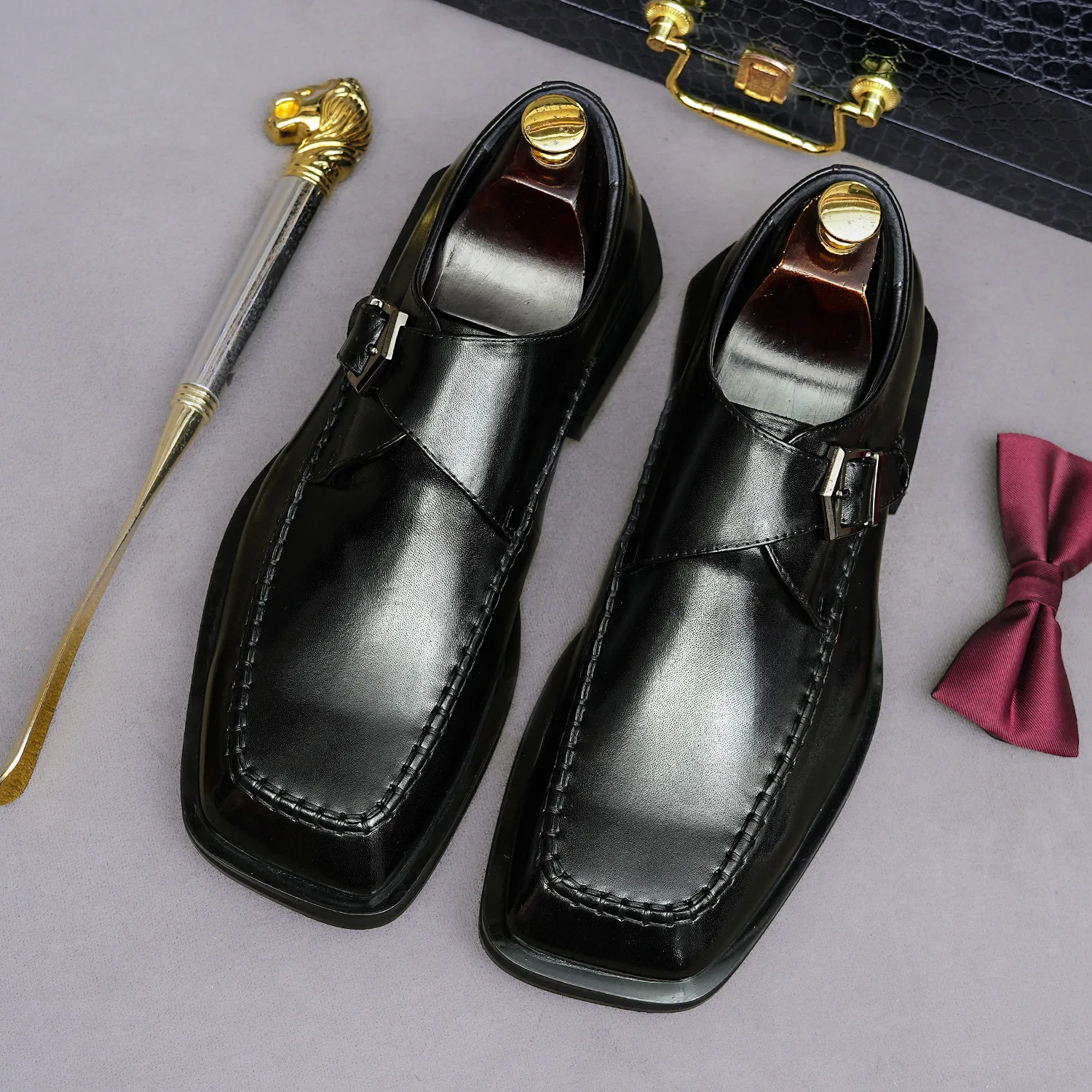 Genuine Leather Monk Strap Shoes Classic Single Buckle Monk Strap Design with Unique Square Toe Retro Luxury Formal Silhouette