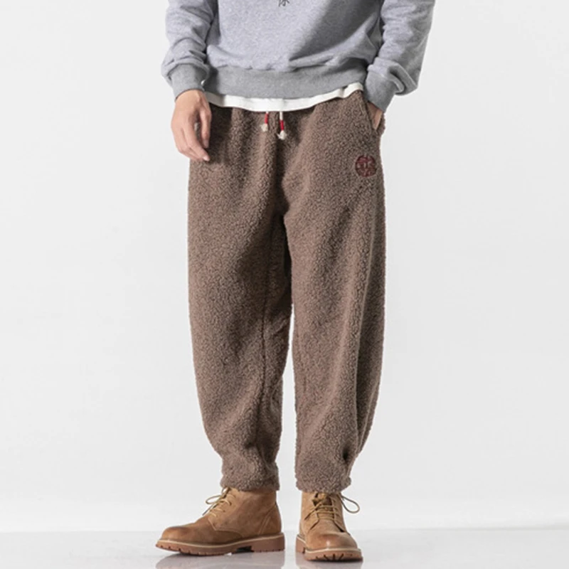 

Теплые повседневные джоггеры для мужчин, новинка 2025 года, зимние, в простом винтажном стиле, флисовые, однотонные, свободные мужские брюки N039