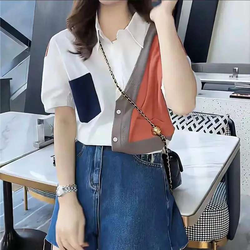 Summer Clothes for Women Thin Simplicity Fashion Color Matching Turn-down Collar Shirt Button Patchwork Loose Blouses Trend