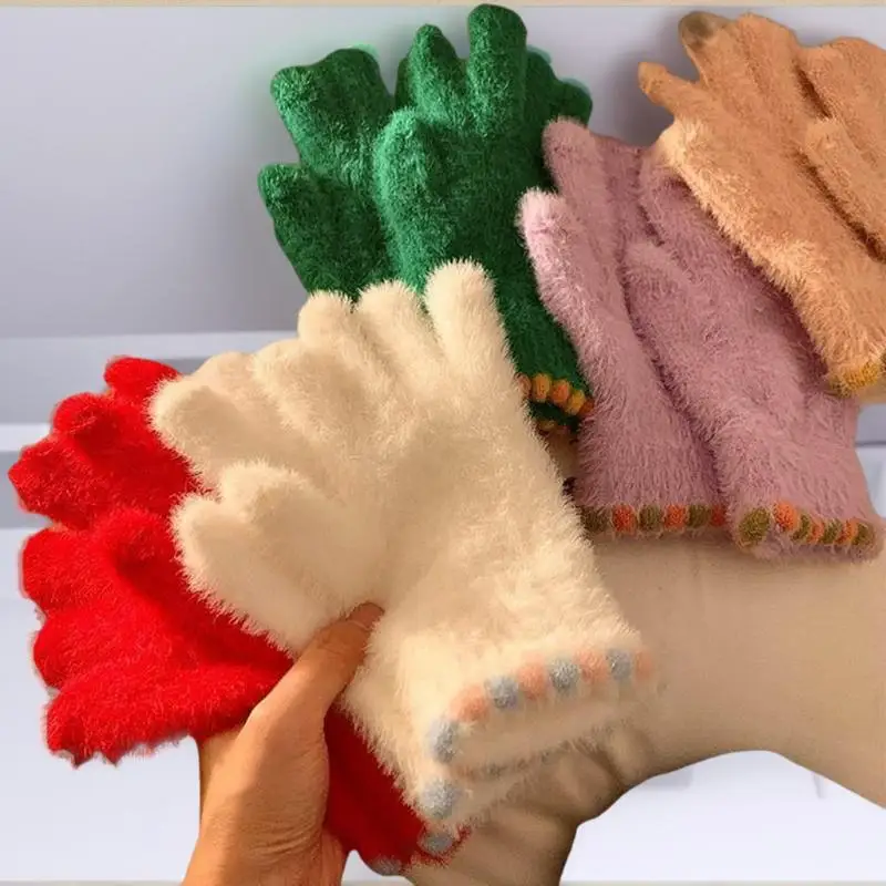 قفازات لطيفة مفتوحة الأصابع تعمل باللمس من القطيفة بخمسة أصابع للنساء في الشتاء، مخملية دافئة وسميكة لطلاب ركوب الدراجات #3