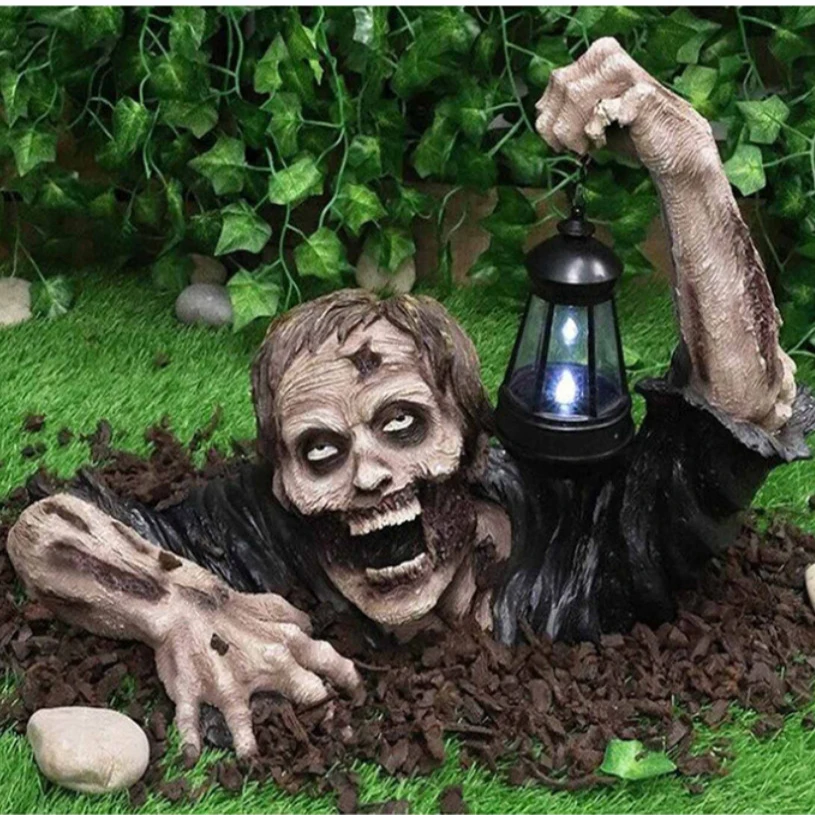 1PC Halloween Ornaments Zombie Statue with Solar Led Lantern Hideous Resin Zombie Garden Gnomes Statue Garden Yard Lawn Decor
