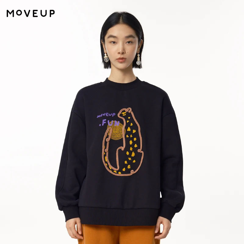 MOVEUP Long Sleeved Round Neck Sweatshirts Winter Drop Sleeves Plush Lion Embroidery Office Fleece Pullover For Women 324410542