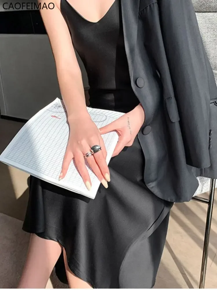 Caofeimao-女性用シルクノースリーブドレス,Vネック,スリム,セクシー,イミテーション,ロング,サマーファッション,2022