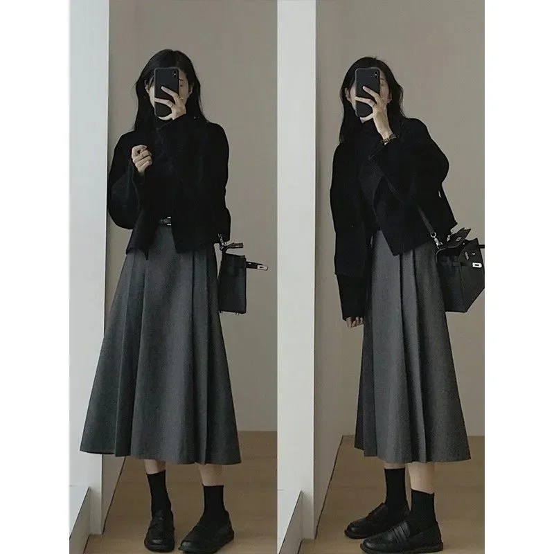 Women Loose Blazer Midi Skirt Suit Long Sleeve Cardigan Jacket High Waist A-line Skirt Autumn New Set