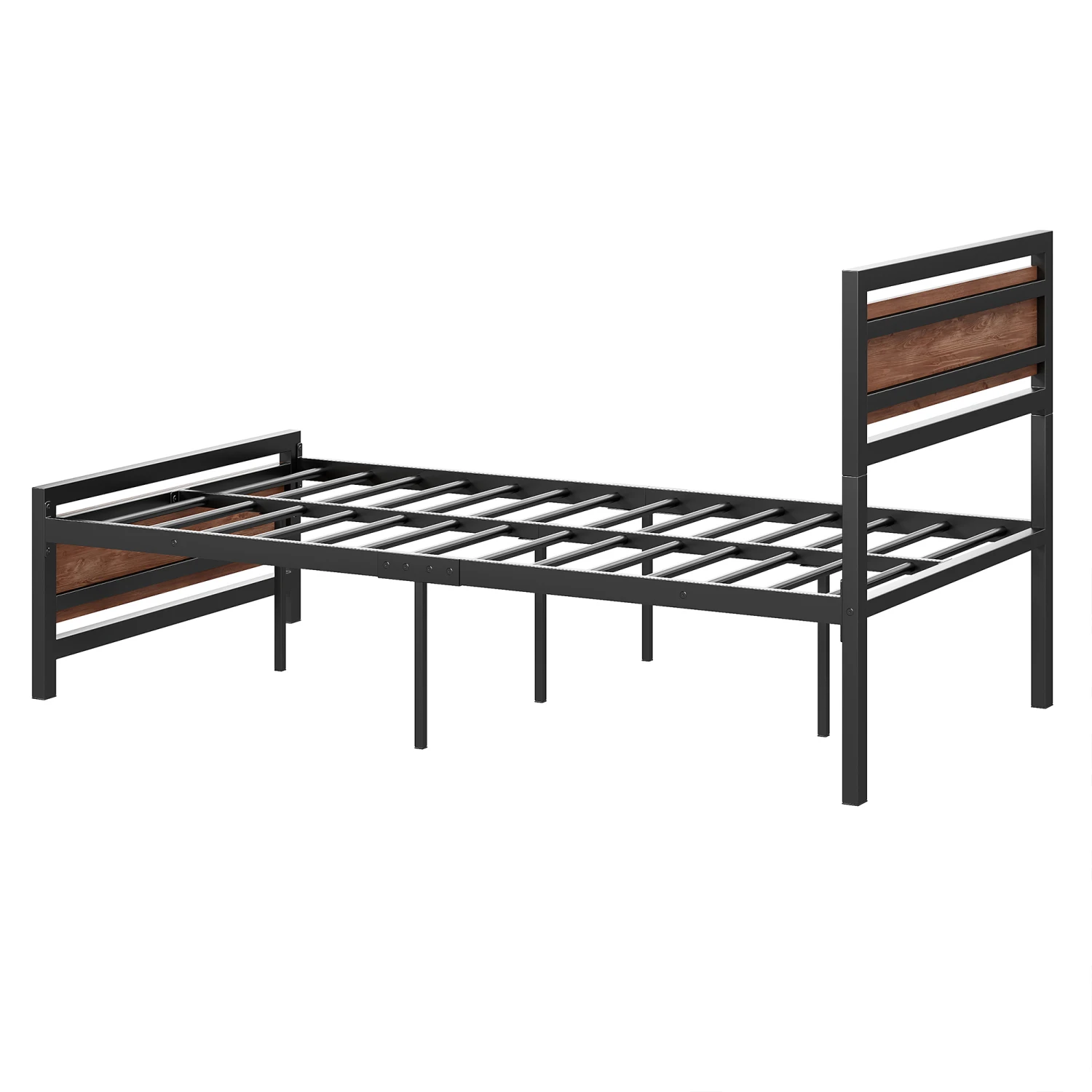 Twin Size Platform Bed, Metal and Wood Bed Frame with Headboard and Footboard, Black