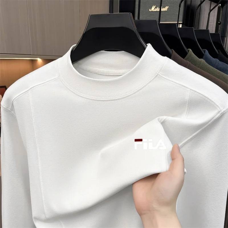 Designer Brand Men's Mock Neck Print T-Shirt Skin Friendly Solid Color Long Autumn Sleeve Base Top Stylish Versatile Men's Wear