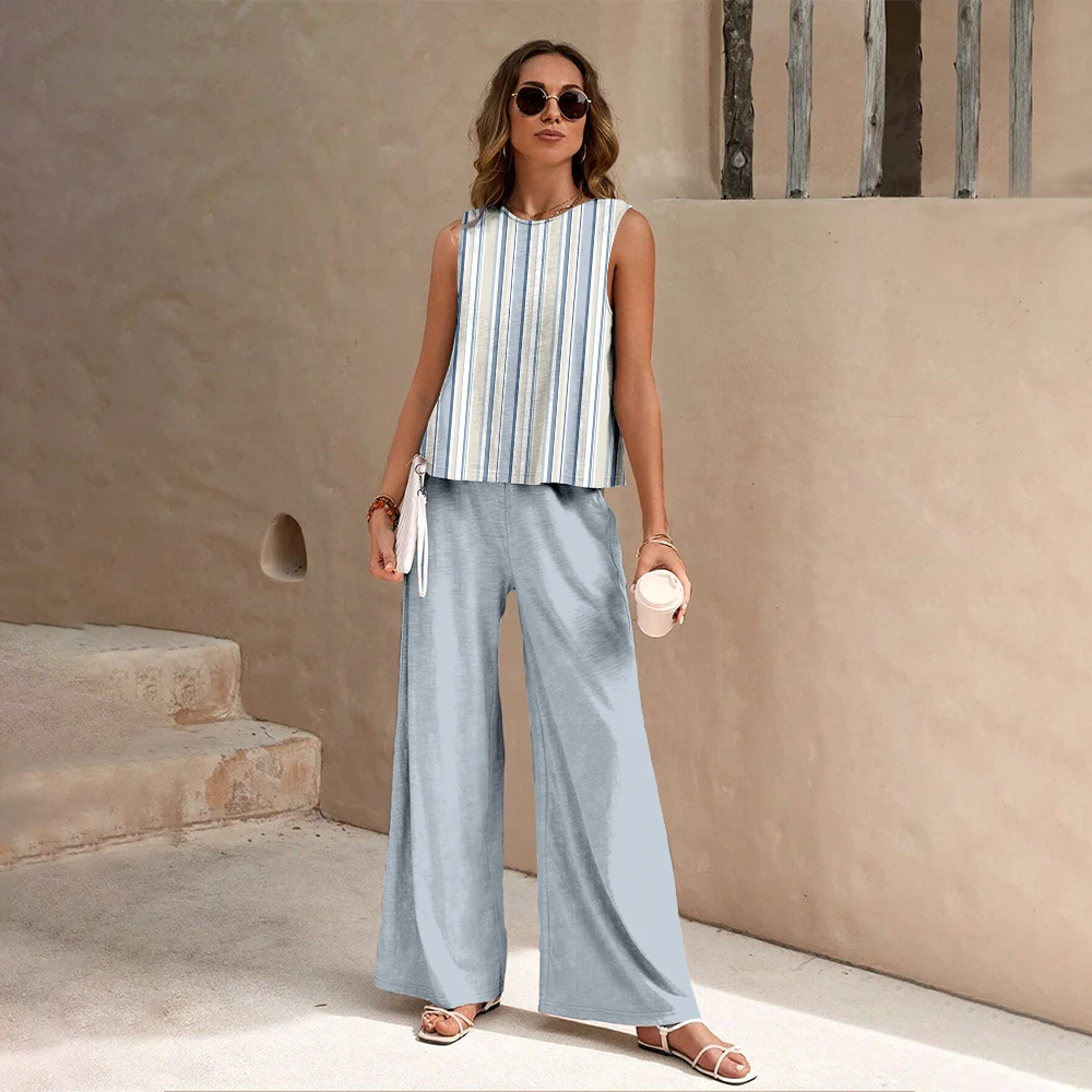 Casual Women\'s Striped Print Suit Clothing Tank Top And Trousers 2 Piece Outfits Summer New O-neck Vest Wide Leg Long Pants Set