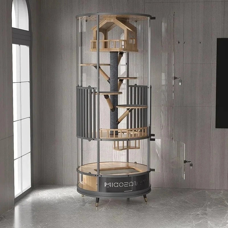 

Полностью прозрачная стеклянная панорамная вращающаяся цилиндрическая вилла для кошек, роскошная клетка для дома, в помещении, со встроенным туалетом
