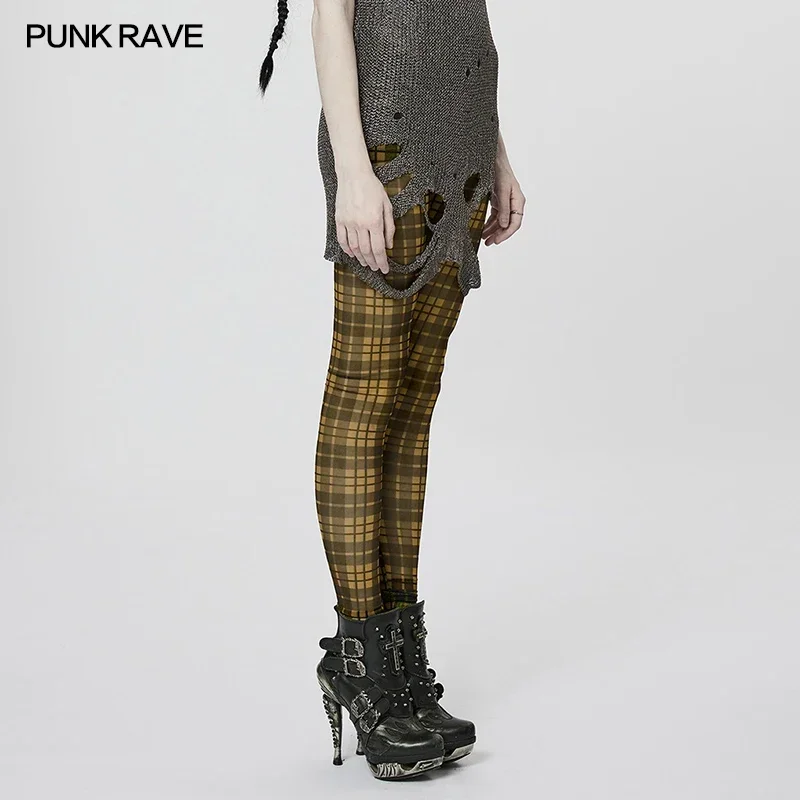 PUNK RAVE Women\'s Punk Style Plaid Mesh Simple Sense Sexy Leggings Daily Personality Trousers Women 2 Colors