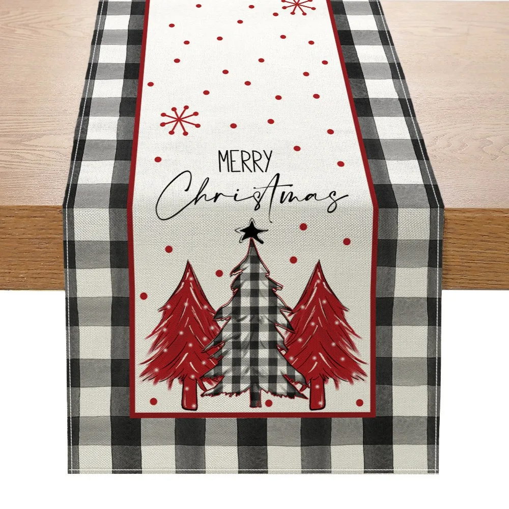 VIKAMA Black White Buffalo Check Santa Claus Table Runner Washable Polyester Scarf for Wedding Party Kitchen Dining Table Decor