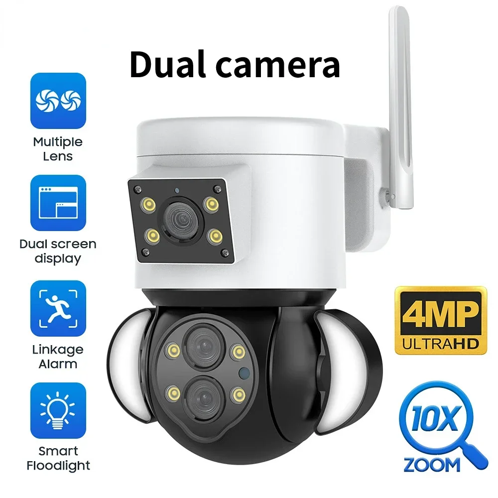 Dual Camera 360 View 10X Optical Zoom 4MP Dual Lens PTZ Dual Camera Smart Floodlight Camera Two Waye Alarm Motion Auto Tracker