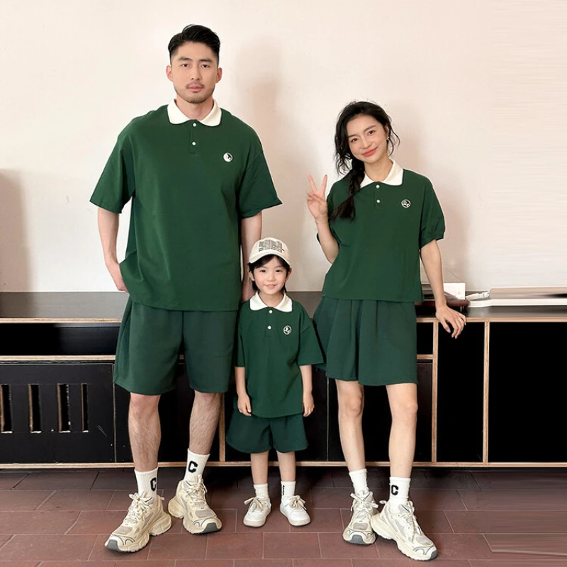 

Wholesal Family Matching 2 Piece Suit Clothes Korea Mother Daughter Top Skirt Set Father Son Polo Shirt Shorts Two Piece Outfits