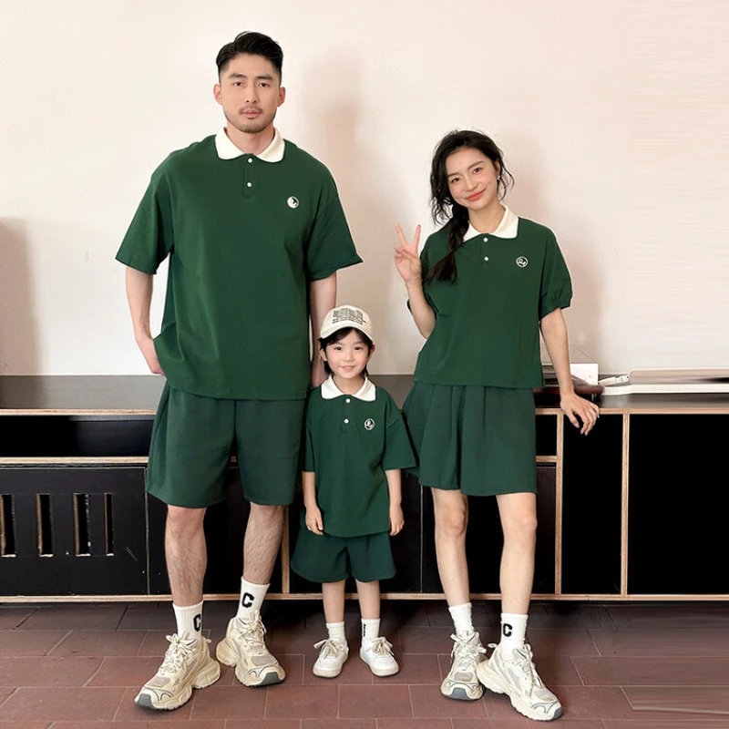 

Family Matching 2 Piece Suit Clothes Korea Mother Daughter Top and Skirt Set Father Son Polo Shirts and Shorts Two Piece Outfits