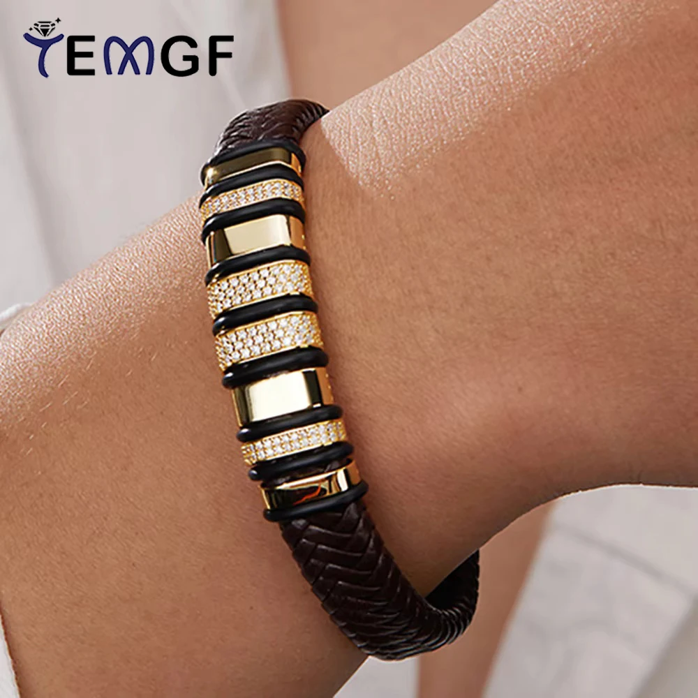 

TEMGF Leather Moissanite Bracelet for Men Vintage Striped Weaving Bracelets 925 Sterling Silver Plated 18K Gold Unisex Jewelry