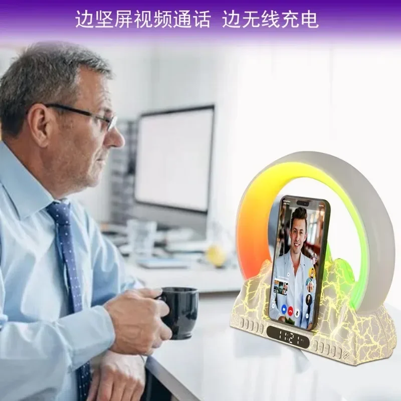 Table Lamp LED Ambient Light With Built-In BT Speaker Alarm Clock Wireless Charging Stand for 17 16 15 14 Fast Charging Station