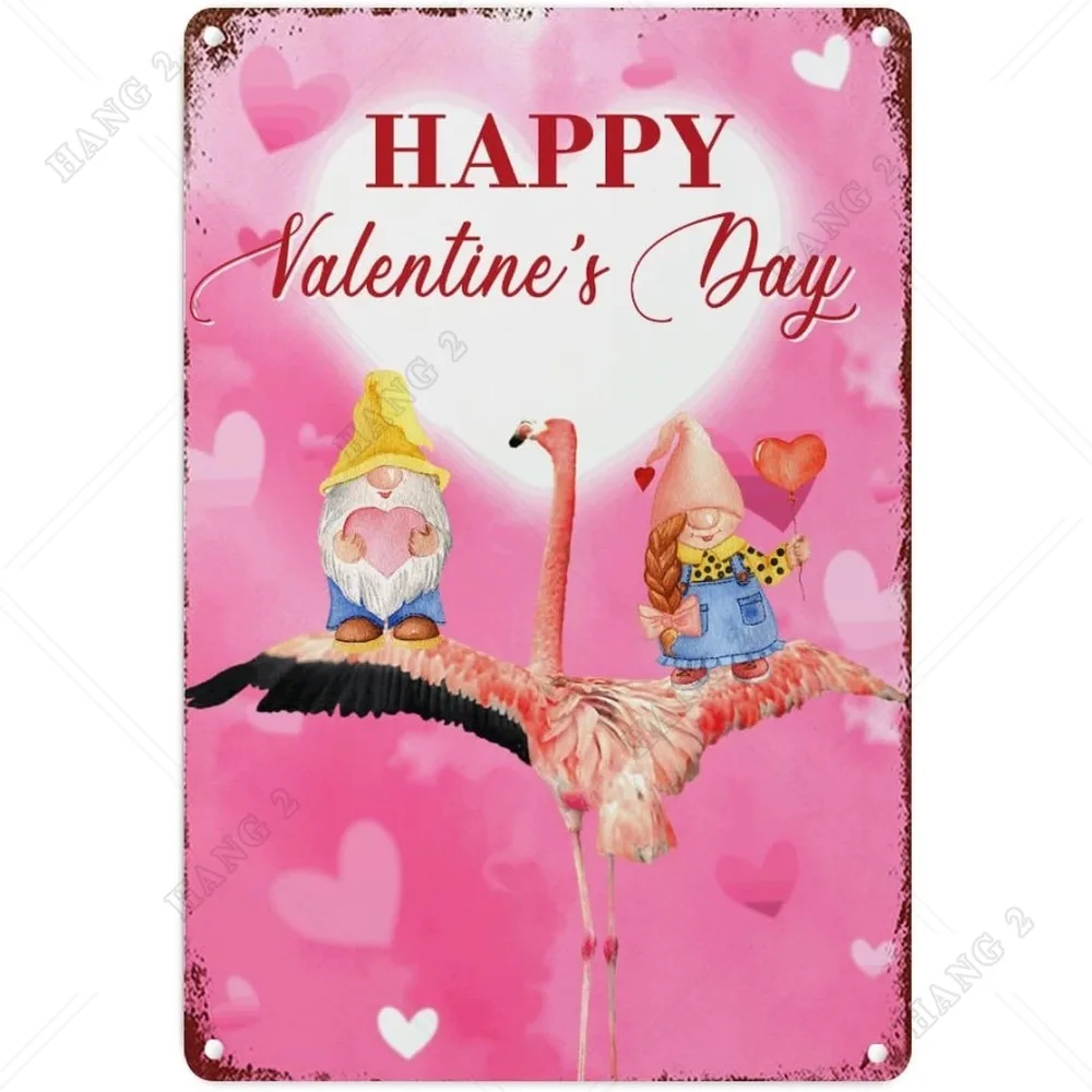 Metal Sign Wall Art Flamingo and Gnome Tin Signs Happy Valentine's Day Pink Heart Metal Sign for Living Room Kitchen Front Porch