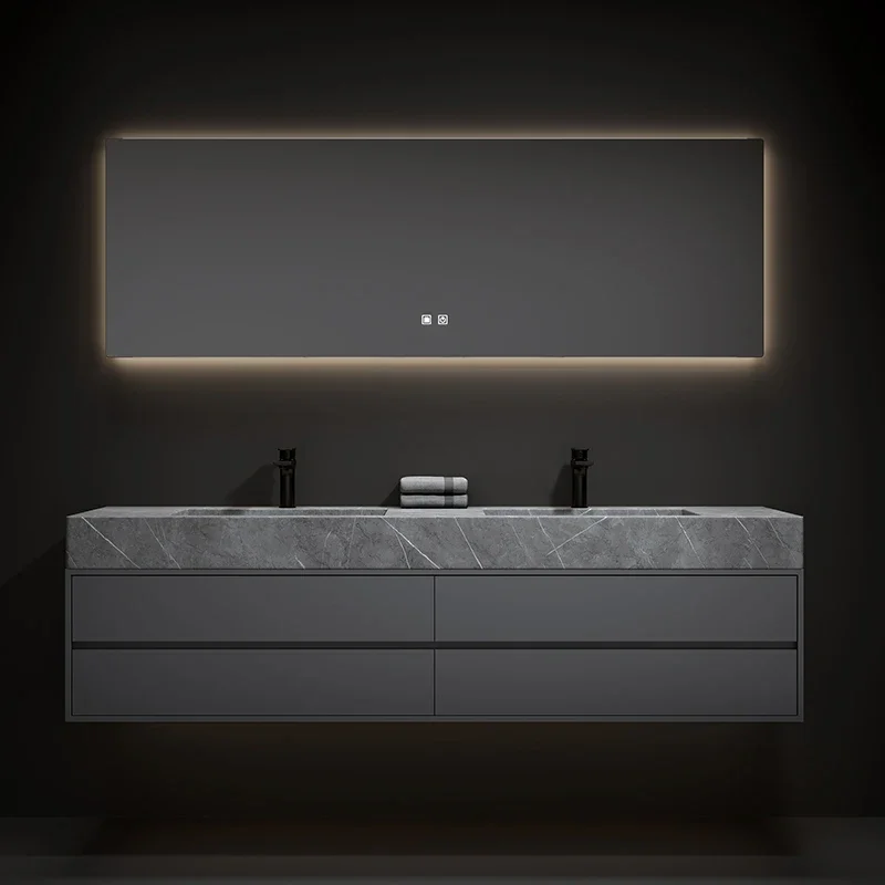 

Double basin simple rock slab integrated cabinet combined bathroom washstand