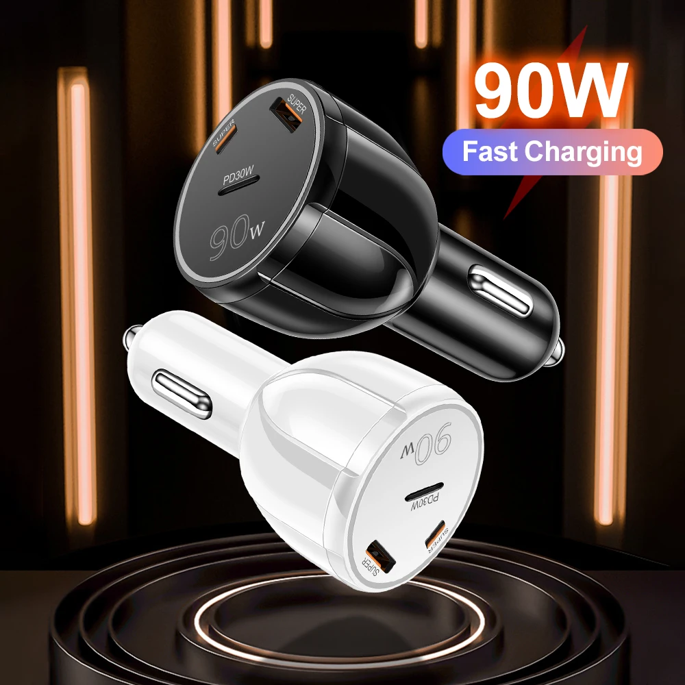 90W 2USB + PD Auto Ladegerät QC3.0 Schnelle Lade USB Typ C Auto Telefon Ladegerät Adapter Für iPhone Xiaomi Samsung Schnell Ladegerät