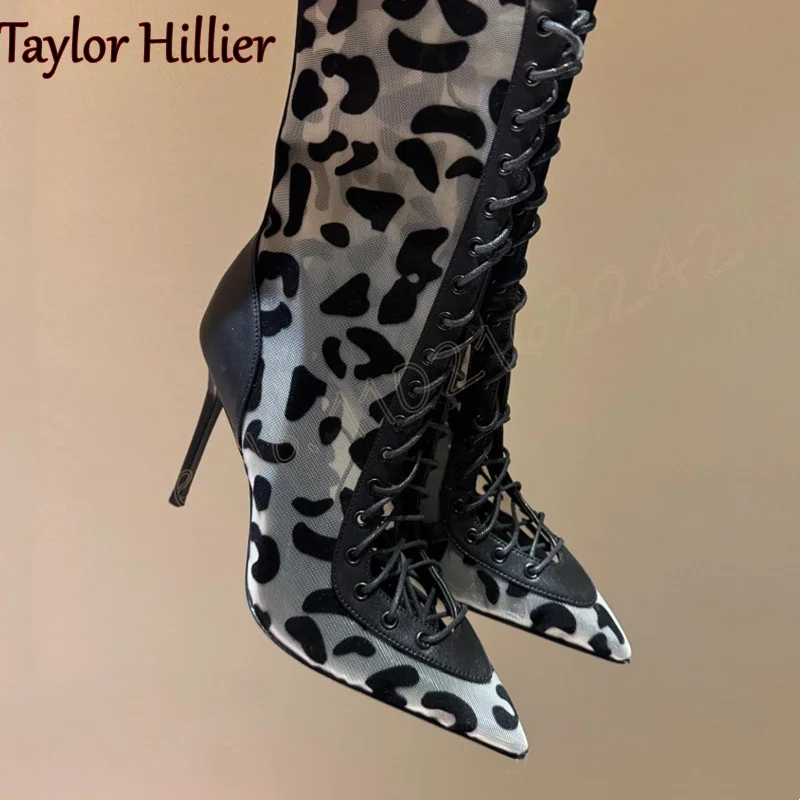 

Mesh Spotted Ankle Boots Pointed Stiletto Lace-Up Breathable Mid-Calf Women'S Boots Fashion Summer Party Dress Ankle Boots 46