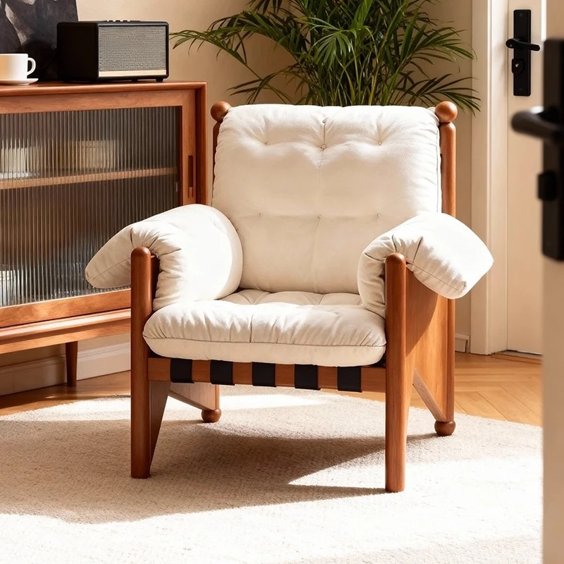 Medieval solid wood single sofa chair striped fabric designer leisure chair living room bedroom balcony bed and breakfast rest