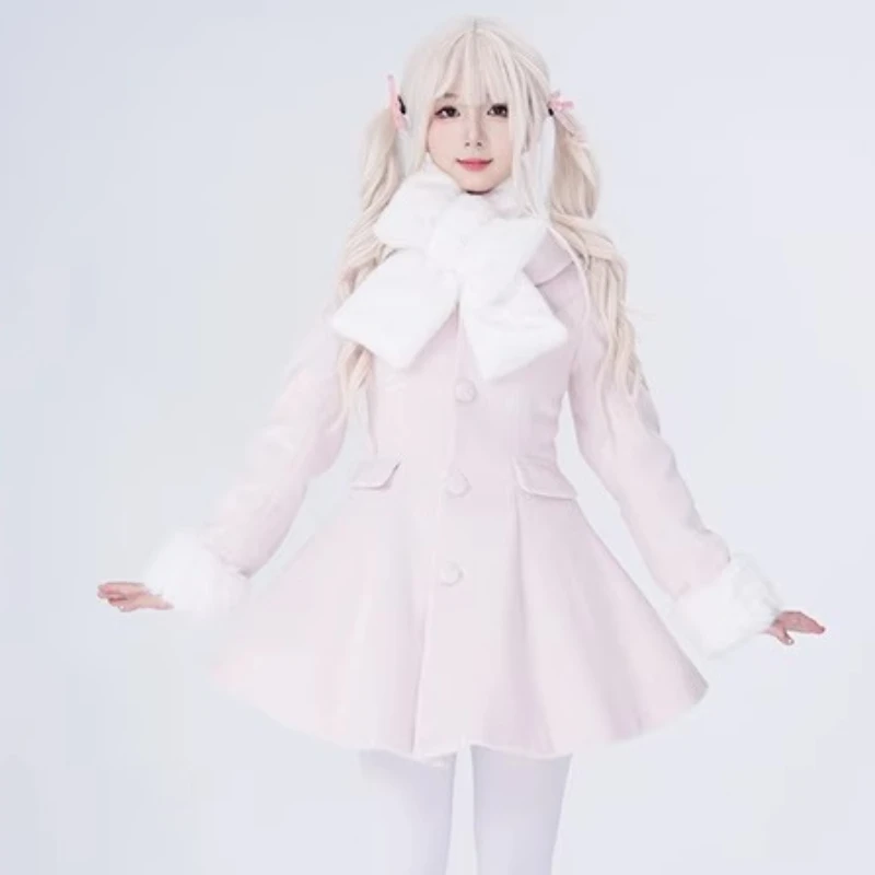 Sweet Lolita Mid-Length Jackets 2025 Autumn and Winter New Women's Slim Long Sleeve Elegant Princess Girls Overcoat with Scarf